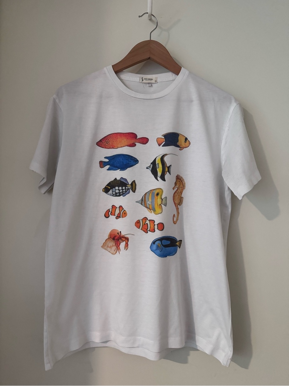 White Fish Print T-Shirt with Colorful Tropical Fish